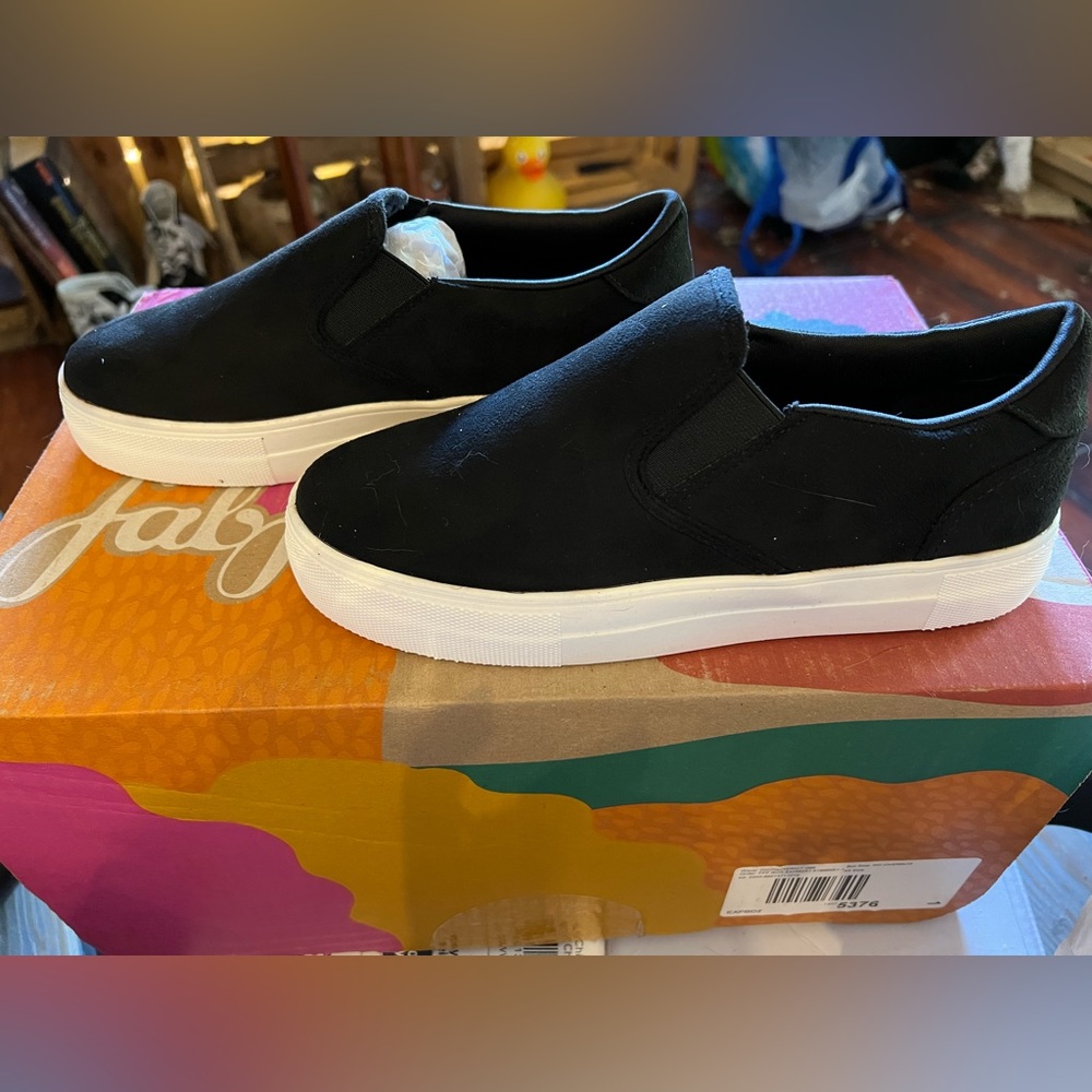 Just Fab Black micro , Eloise slip on sneakers. Size 7.